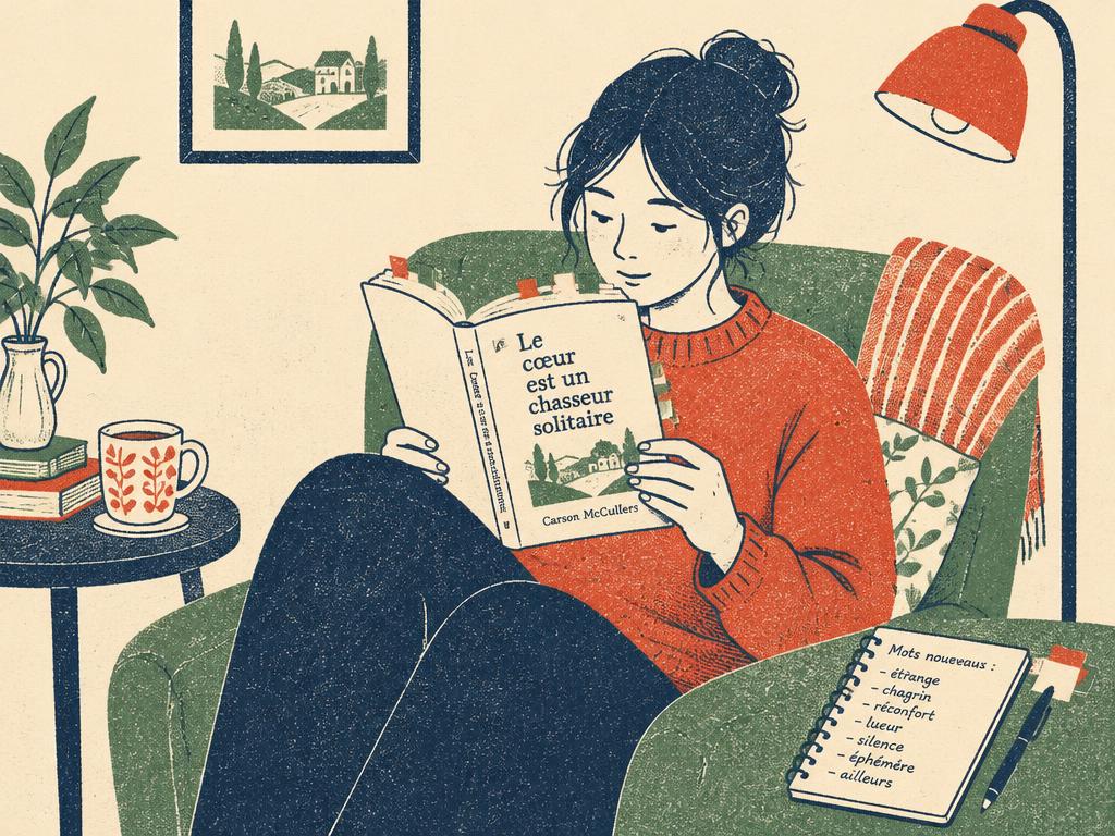 Person liest ein fremdsprachiges Buch mit Notizzetteln